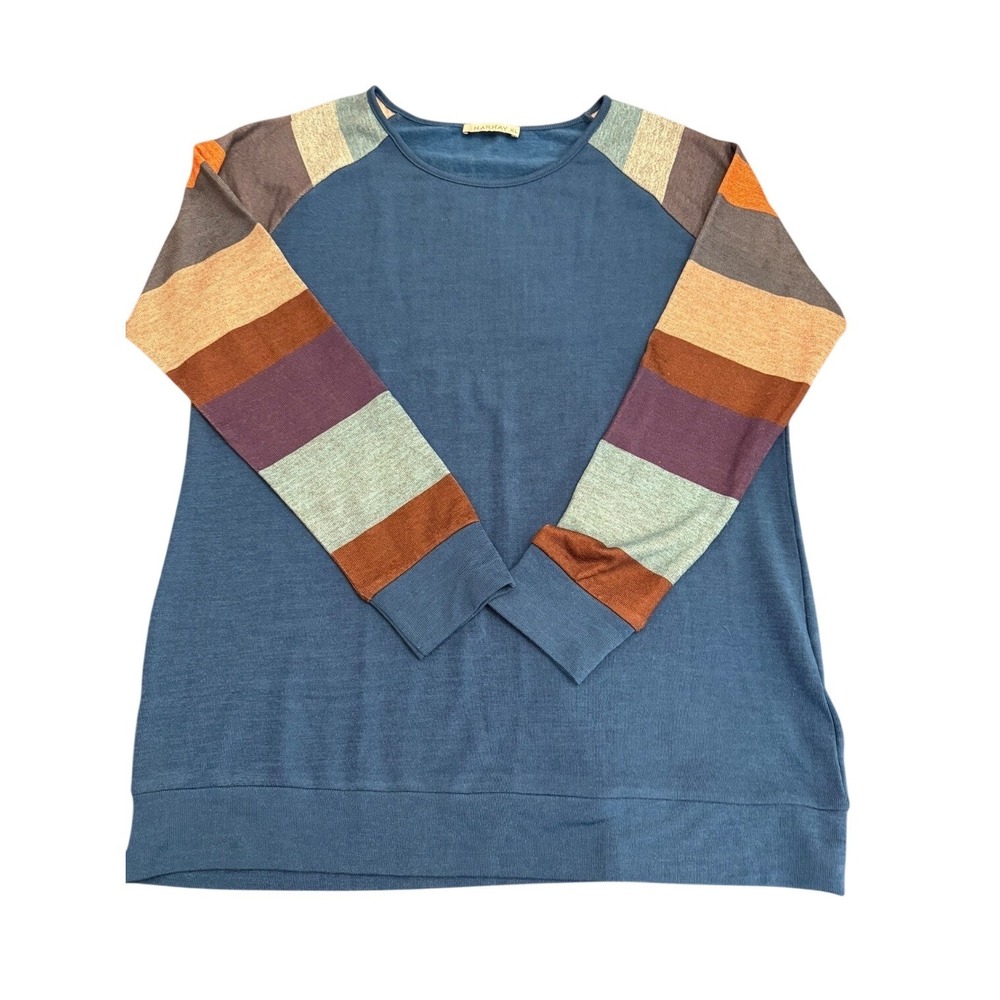 HARHAY Blue Raglan Sleeve‎ Striped Sweatshirt Women XL Cozy Pullover